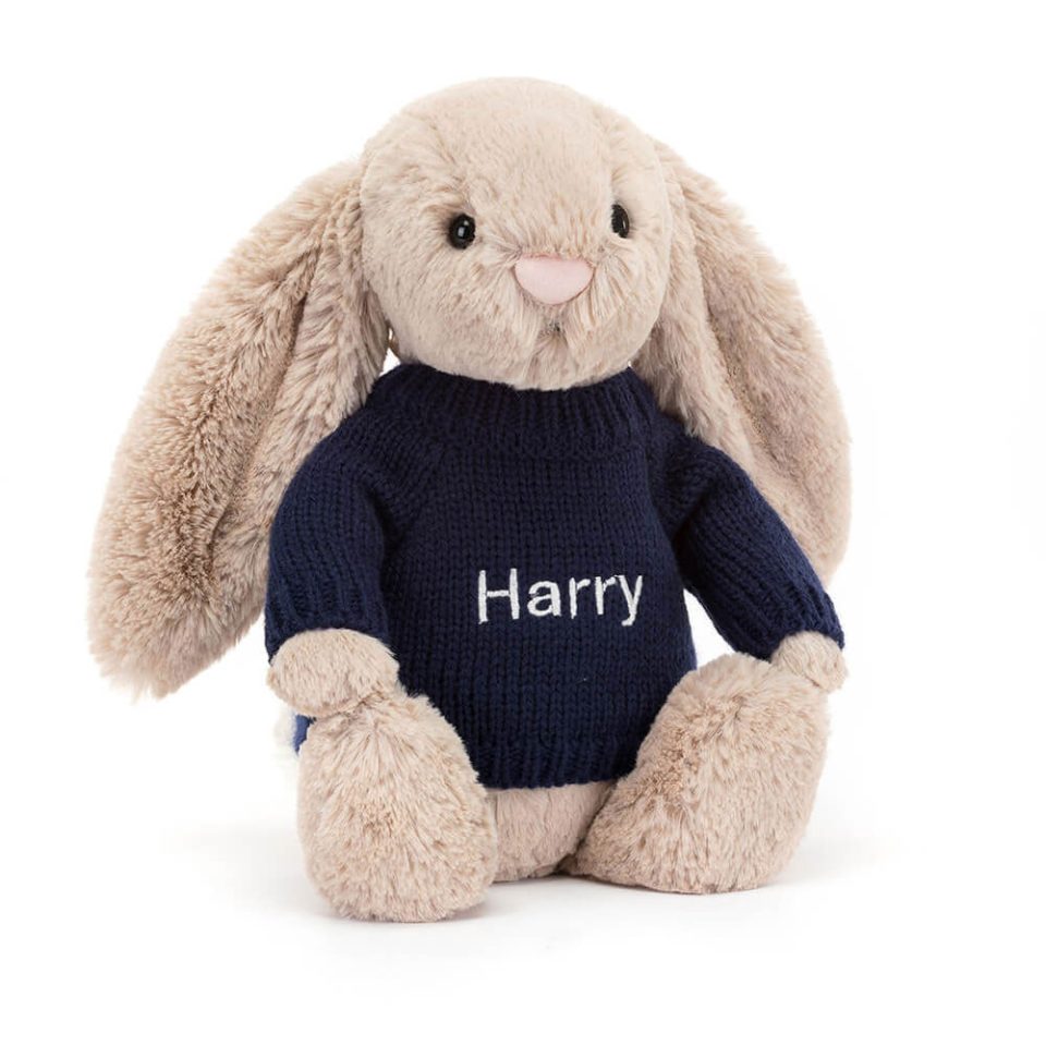 Bashful Beige Bunny with Personalised Navy Jumper